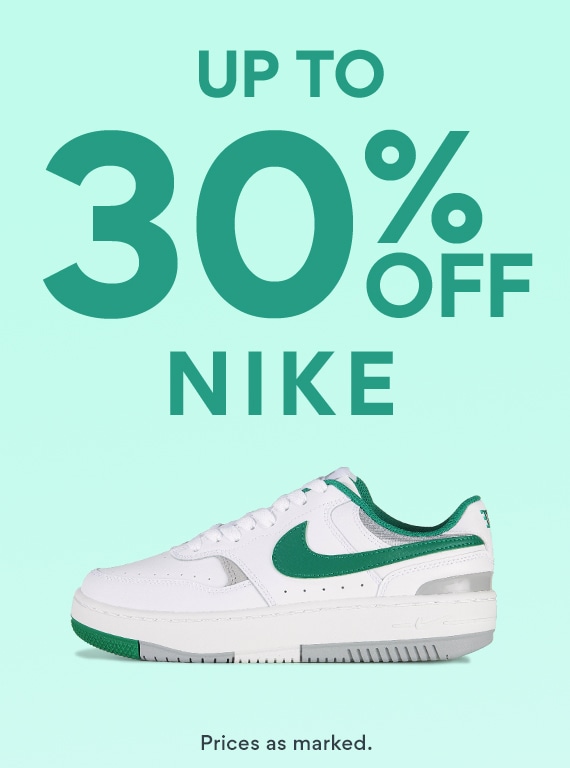 up to 30% off nike. light green background with dark green text showing white and green nike court sneaker