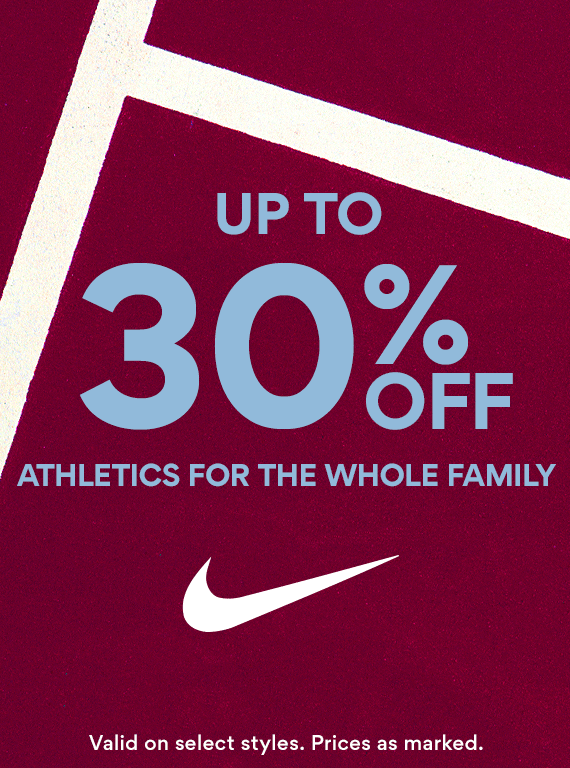 Up to 30% OFF Athletics for the Whole Family. maroon background with white thick lines featuring gif of nike, adidas, vans and puma logos