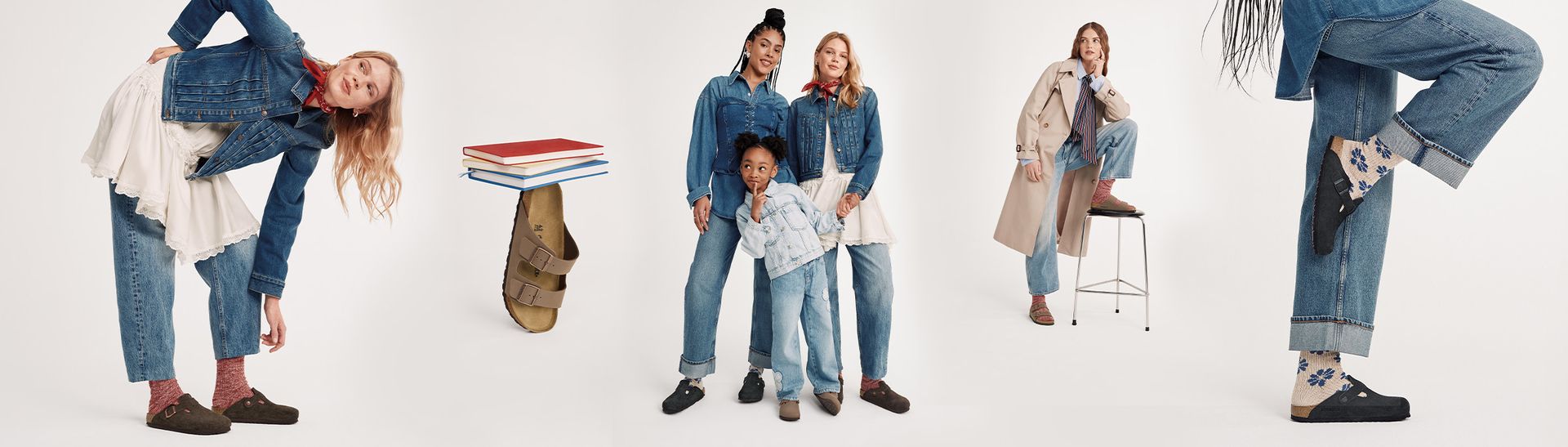 women and kids wearing Birkenstock clogs and footbed sandals for back to school 2026