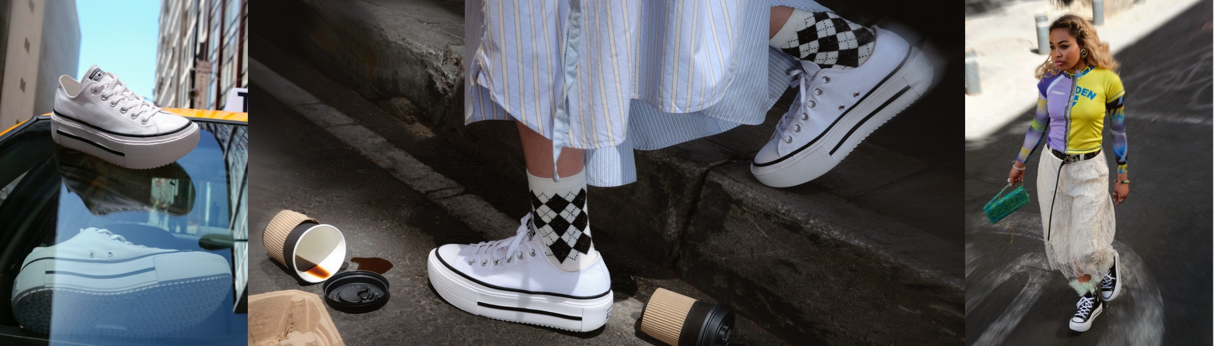 woman wearing converse platform sneakers in white