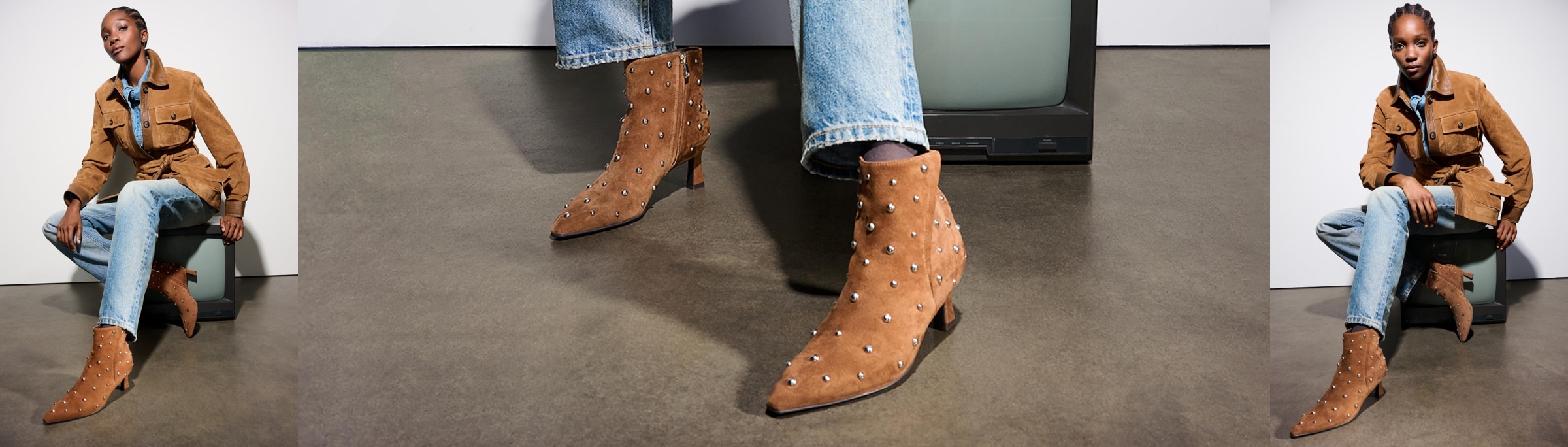 woman wearing cute brown studded booties for fall and winter