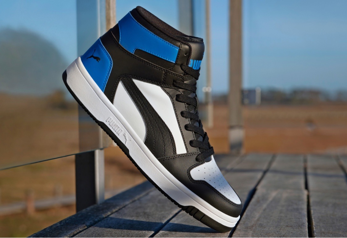 Black, white and blue Puma court sneakers
