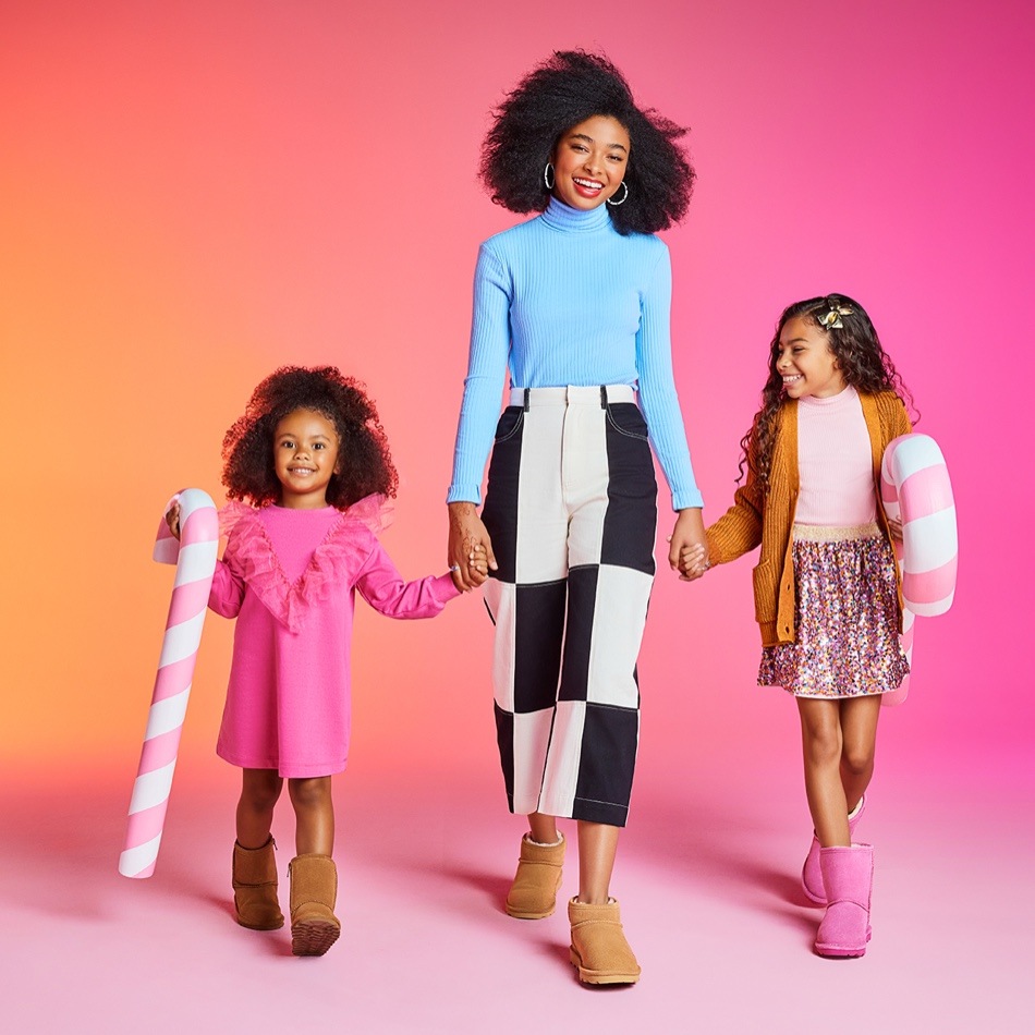 mom and daughters wearing cozy boots