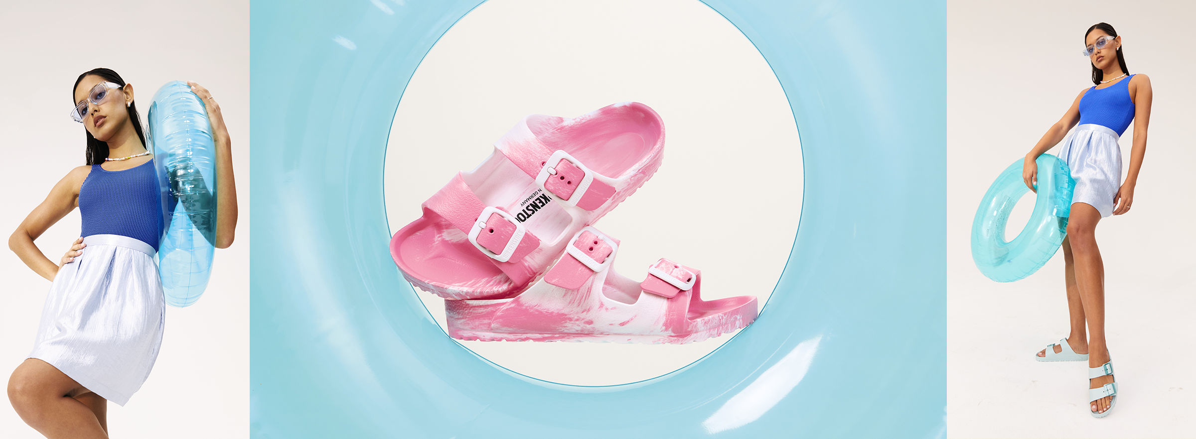 collage of birkenstock slides and woman holding pool toys