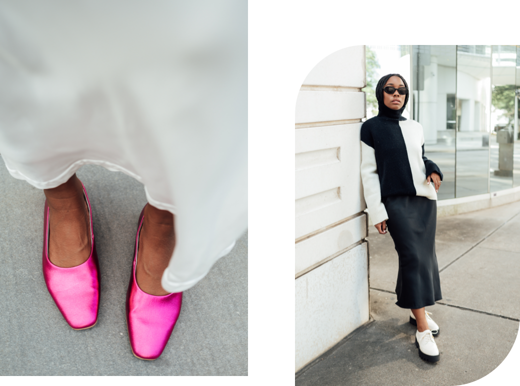 two images of shay wearing pink flats and white loafers