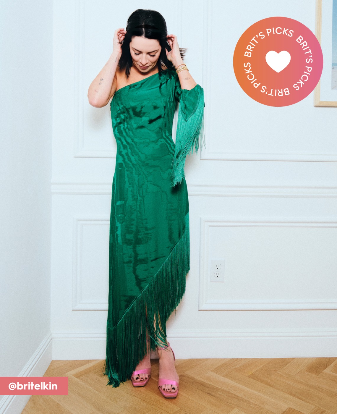 brit elkin hines in green dress wearing heels