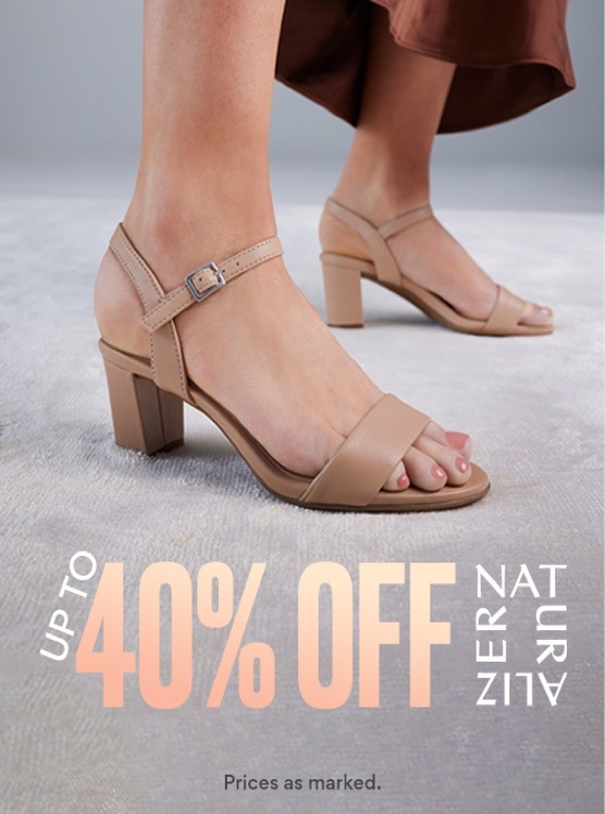 up to 40% off naturalizer. feet of person wearing nude naturalizer heeled sandals. prices as marked. 