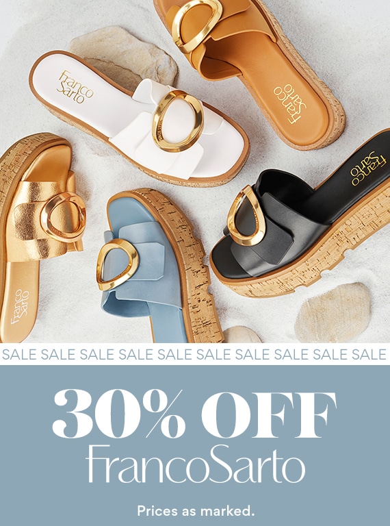 up to 30% off franco sarto. sandals with big buckle in various colors. prices as marked. 