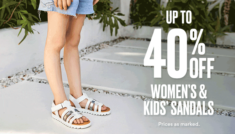 Up to 40% OFF Women’s & Kids’ Sandals. gif of woman and girl wearing sandals on sale. prices as marked.