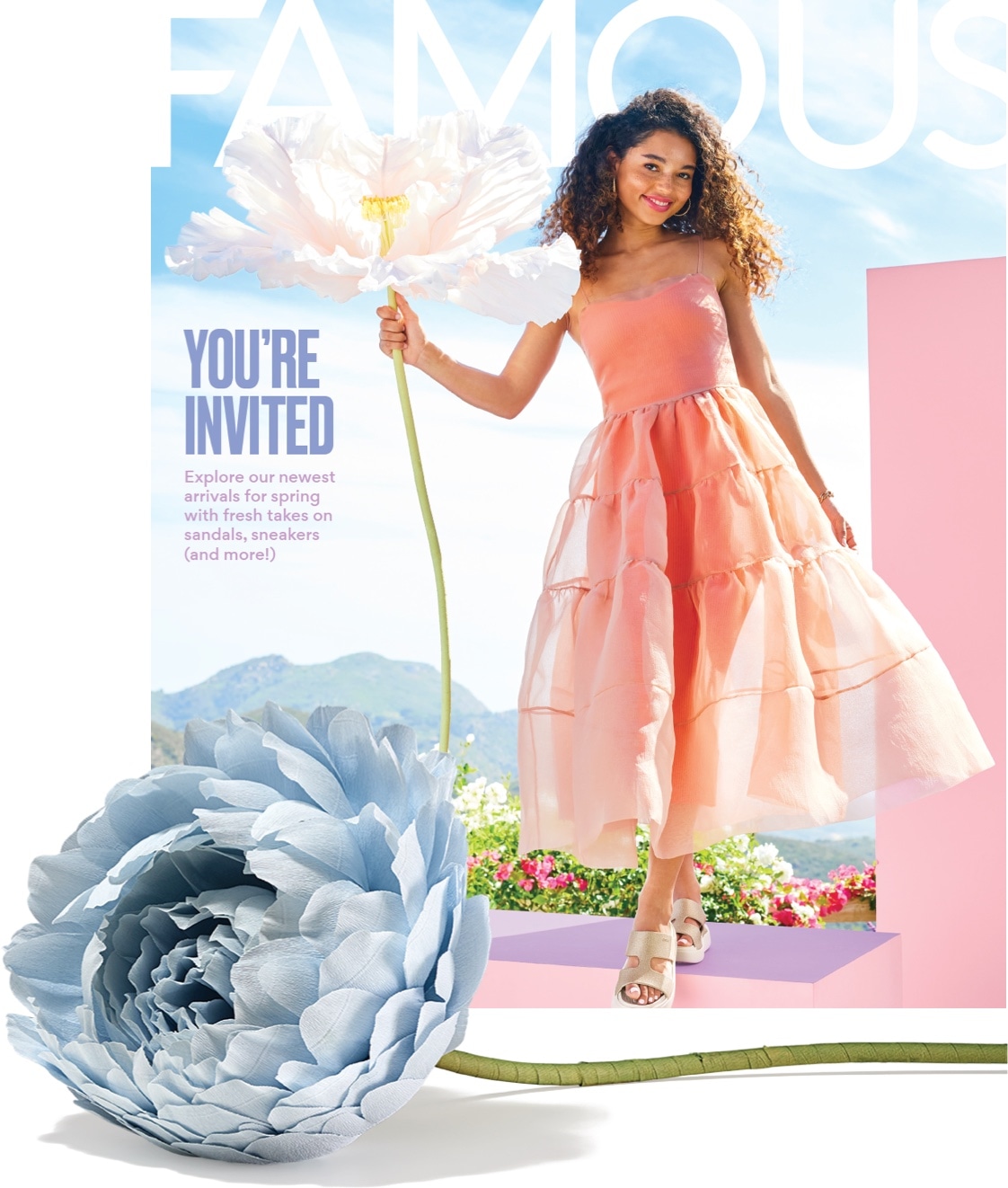 cover of the garden party catalog. you're invited. explore our newest arrivals for spring with fresh takes on sandals, sneakers (and more!)