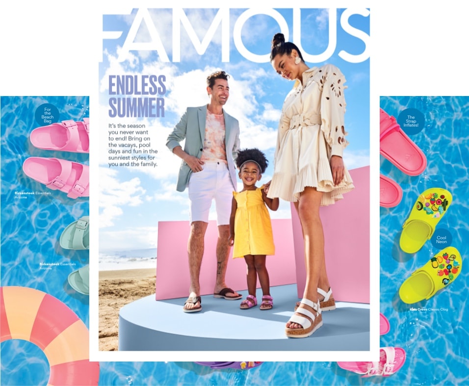 famous footwear summer catalog with pages from catalog in the background. showing sandals in style this summer