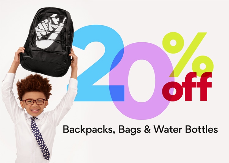 20% off backpacks, bags and water bottles