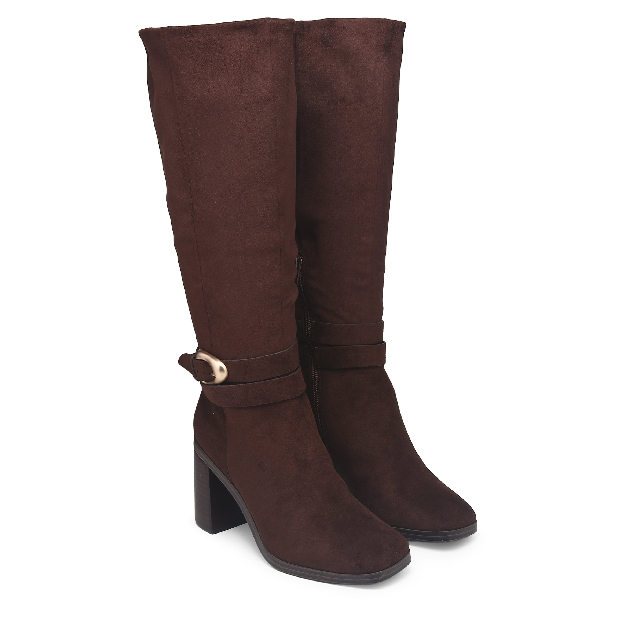 brown tall dress boots with gold buckle