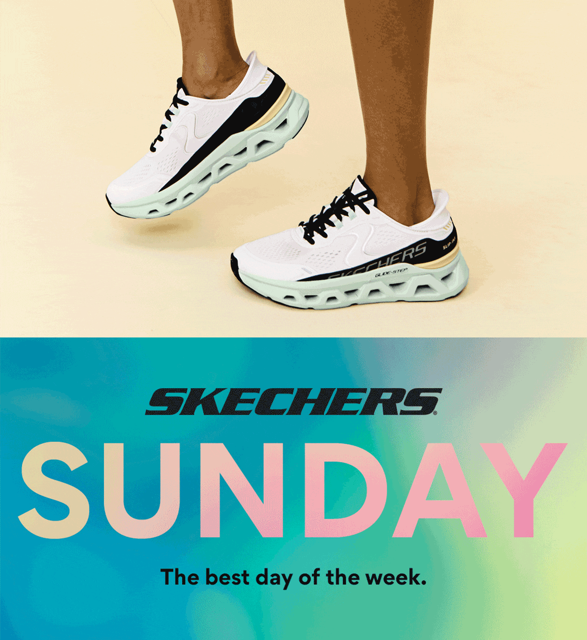 feet of person wearing skechers sneakers. skechers sunday. the best day of the week. 
