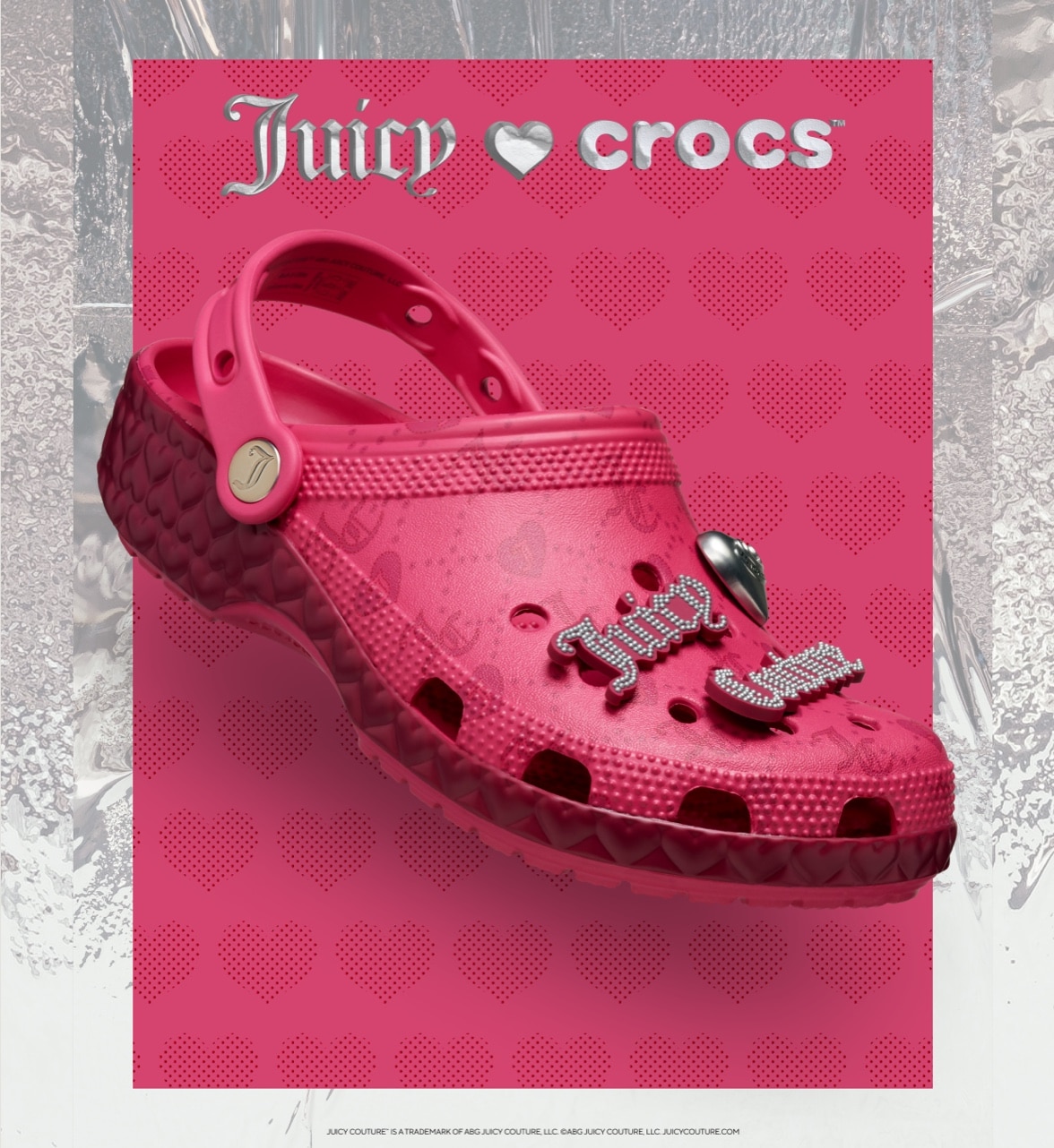 juicy crocs showing pink croc with juicy jibbitz