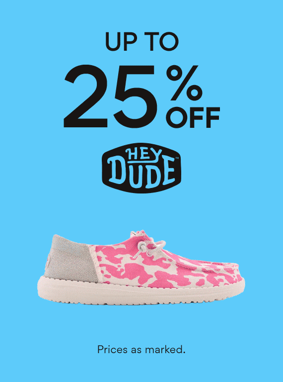 up to 25% off heydude with gif of heydude shoes on sale on blue background