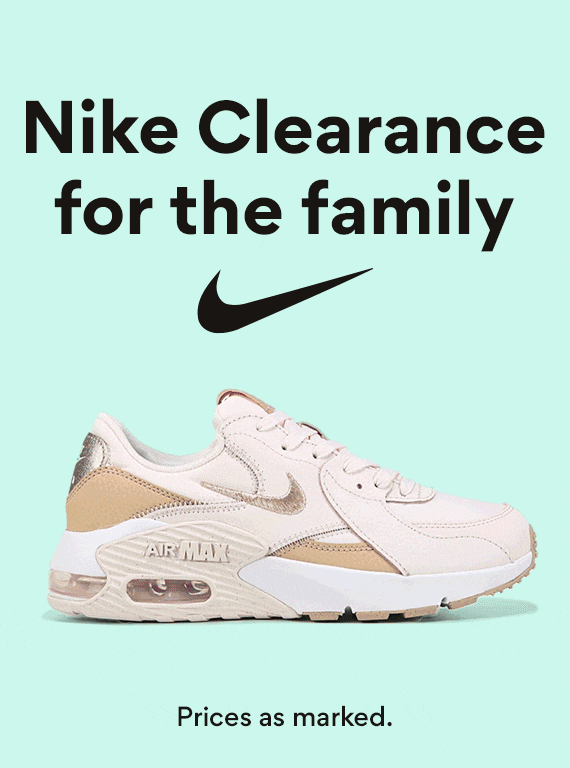 nike clearance for the family. prices as marked on blue background showing shoe on sale and nike logo