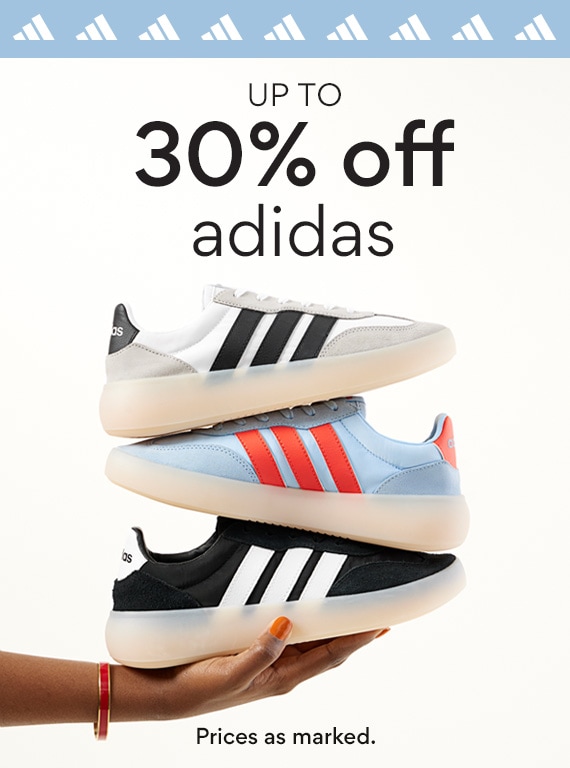 up to 30% off adidas. prices as marked. hand holding adidas court sneakers on sale. 