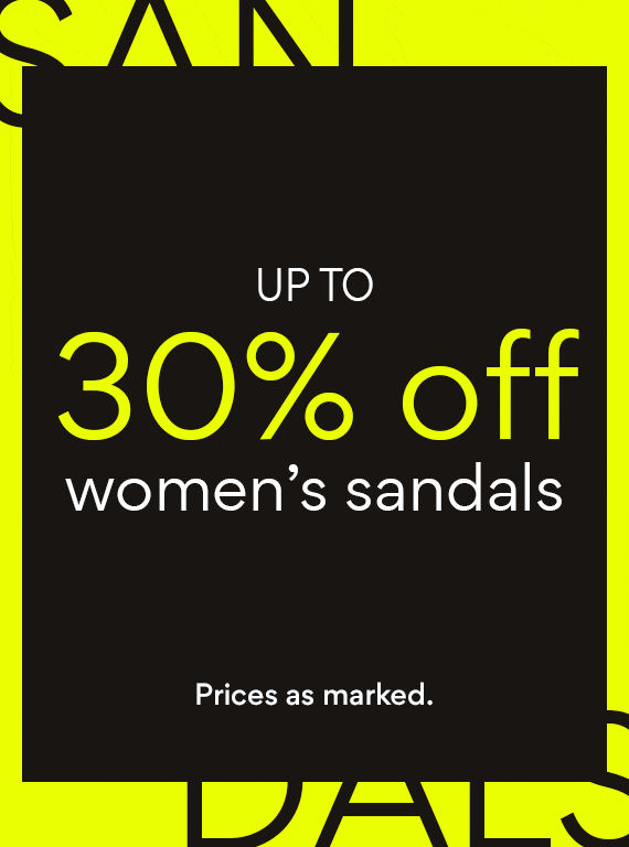 Up to 30% off women’s sandals Prices as marked. giffing bright colors with the word sandals in the background
