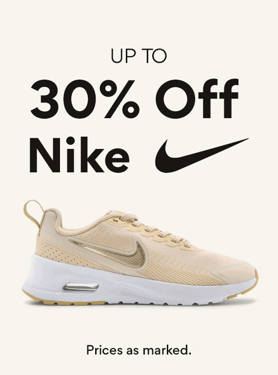 up to 30% off nike. prices as marked. giffing through nike shoes on sale on cream background.