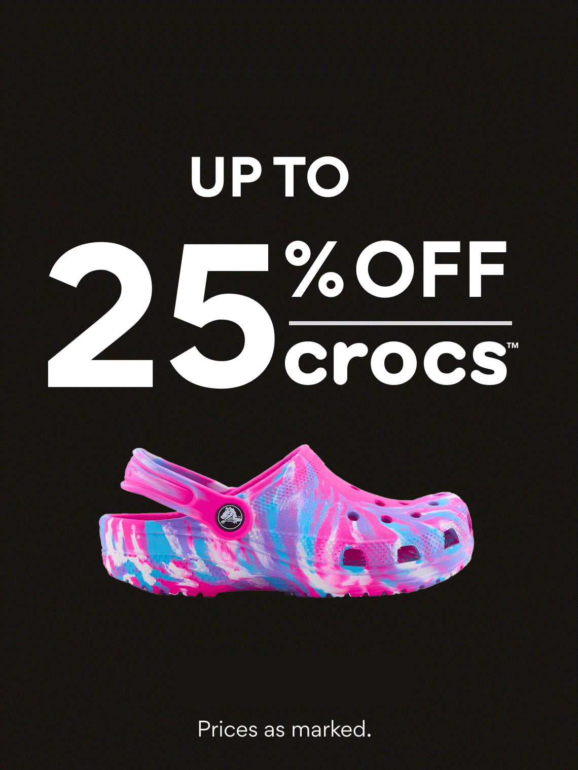 up to 25% off crocs with gif of crocs on sale. prices as marked.