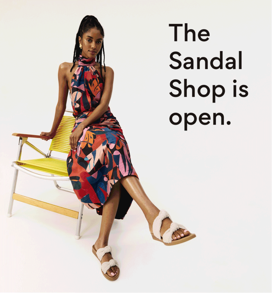 the sandal shop is open. gif showing women in spring outfits wearing sandals