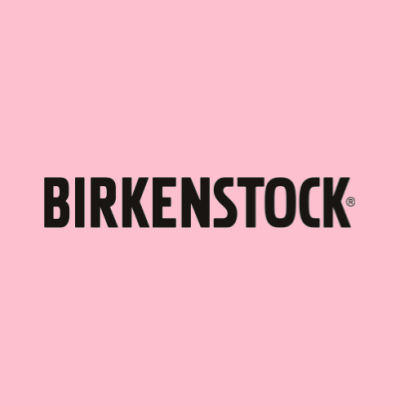 black birkenstock logo on pale red/pink background