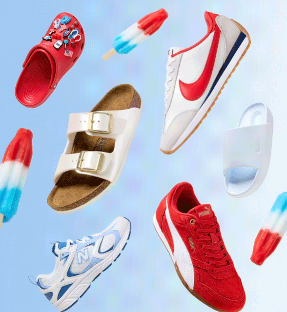 a collection of red, white and blue shoes for the 4th of july