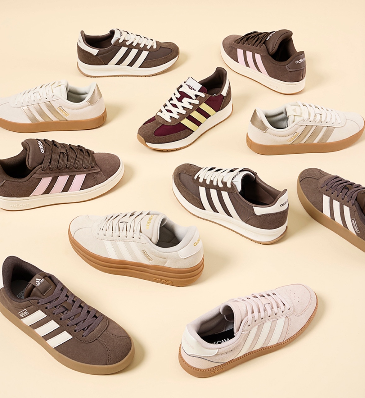 brown, nude and beige adidas court sneakers