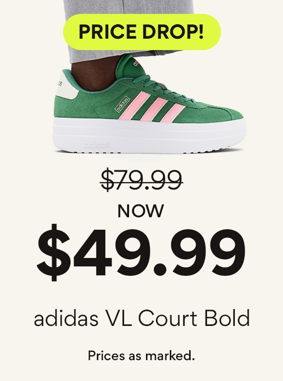 price drop! was $79.99 now $49.99. adidas vl court bold. prices as marked. feet of woman wearing green and pink adidas vl court sneakers