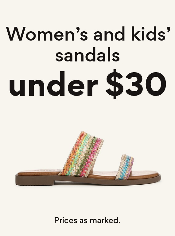 women's and kids' sandals under $30 featuring a women's sandal on beige background