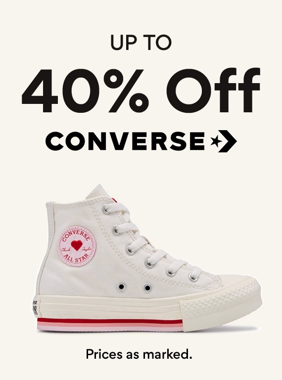 up to 40% off converse. prices as marked. showing red and white high top sneaker on sale