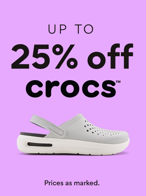 up to 25% off crocs. prices as marked. showing gray croc on sale on purple background