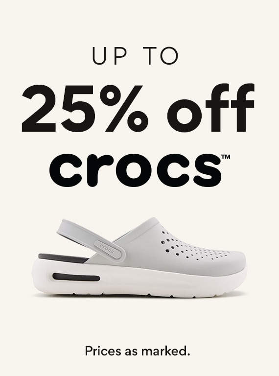 up to 25% off crocs. prices as marked. showing gray croc on sale on beige background