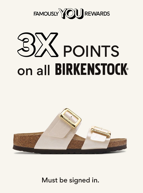 famously you rewards members 3x points on all birkenstock. must be signed in. showing a nude sandal with gold buckles