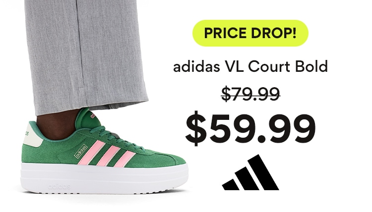 price drop! adidas vl court bold was $79.99 and is now $59.99. showing feet of woman wearing green and pink vl court sneakers