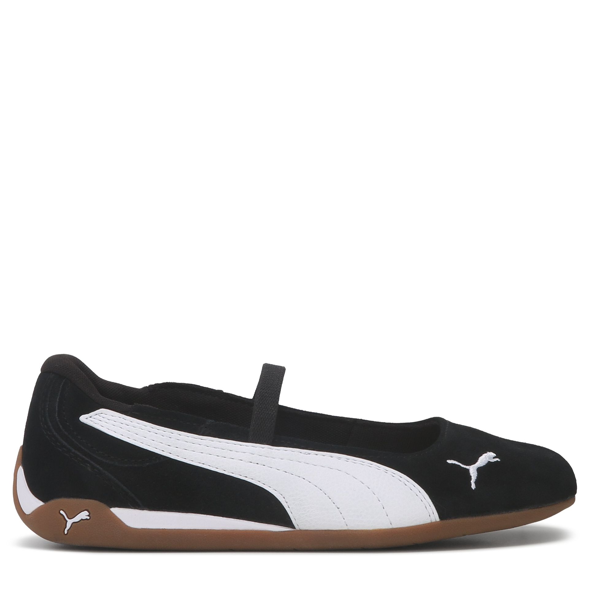 white and black puma ballet sneakers