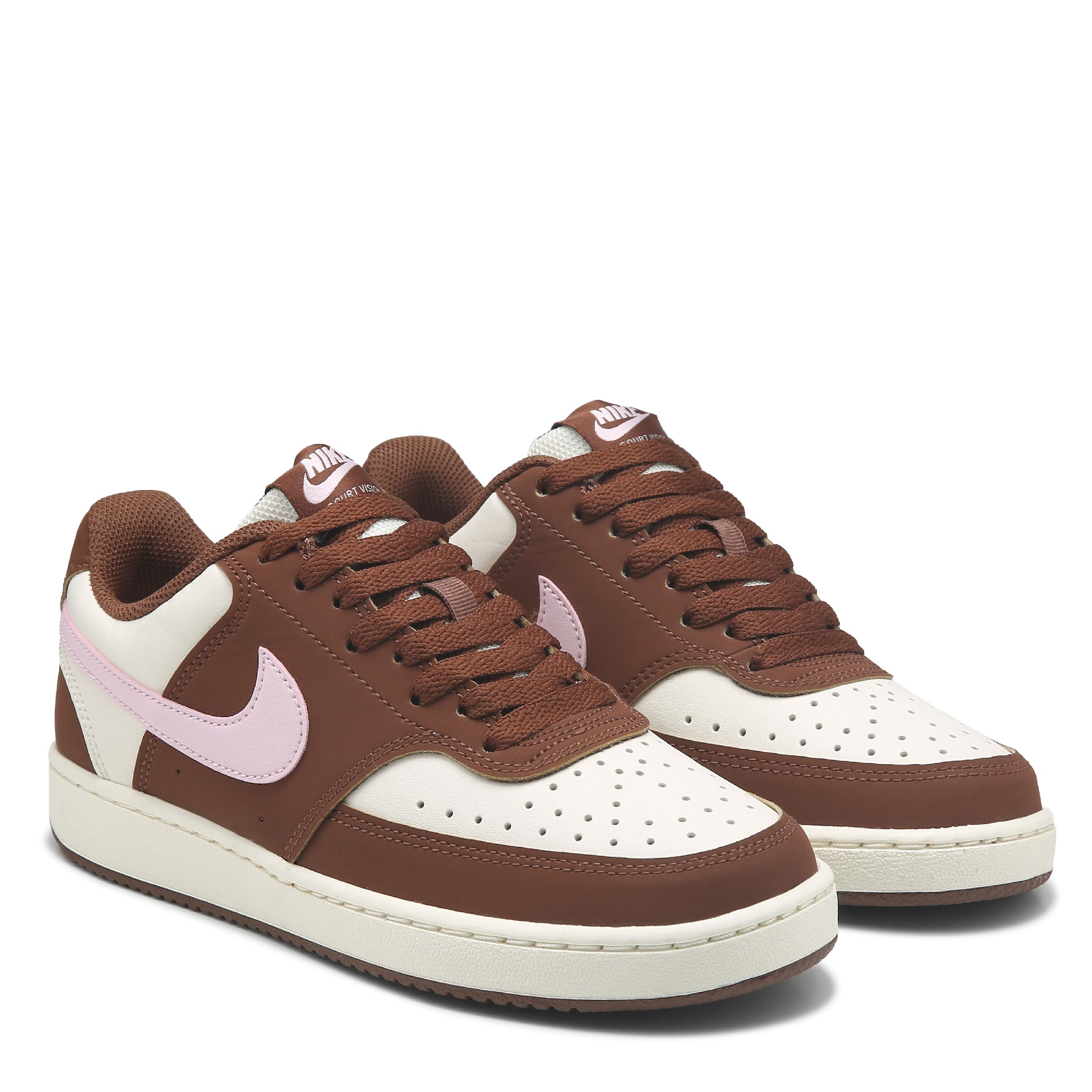 brown white and pink nike court sneakers