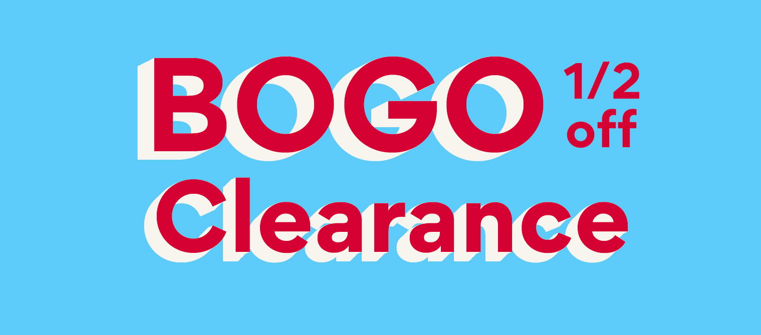 blue background with red and white BOGO 1/2 off clearance text
