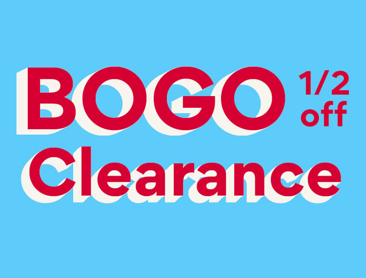 blue background with red and white BOGO 1/2 off clearance text