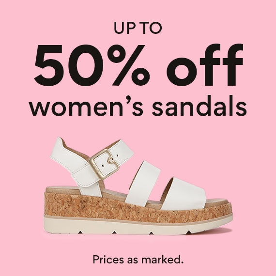 up to 50% off women's sandals. prices as marked. showing white sandal on sale. on pink background