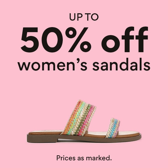 up to 50% off women's sandals. prices as marked. showing sandal on sale. on pink background