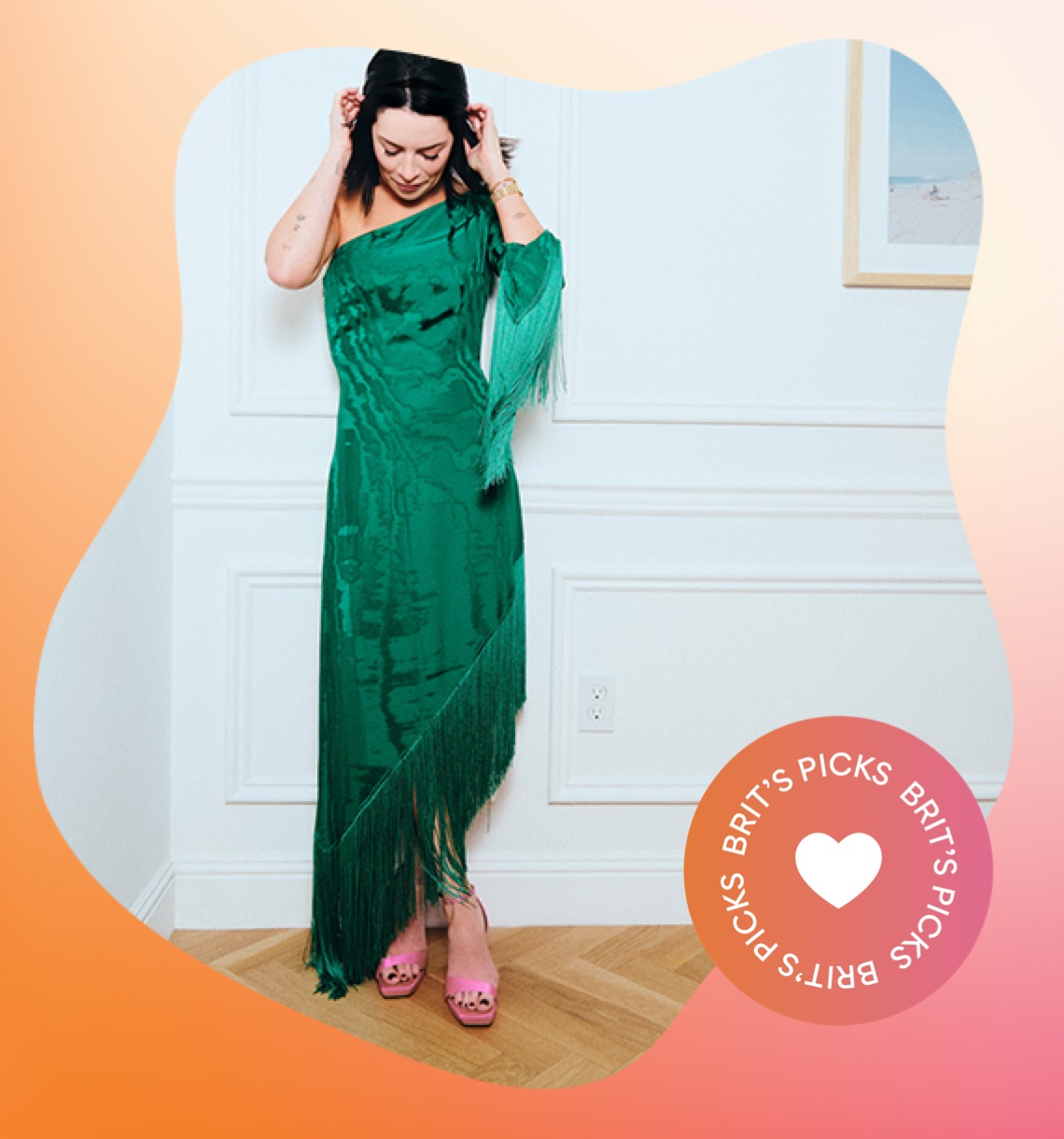 brit in green dress wearing pink heels