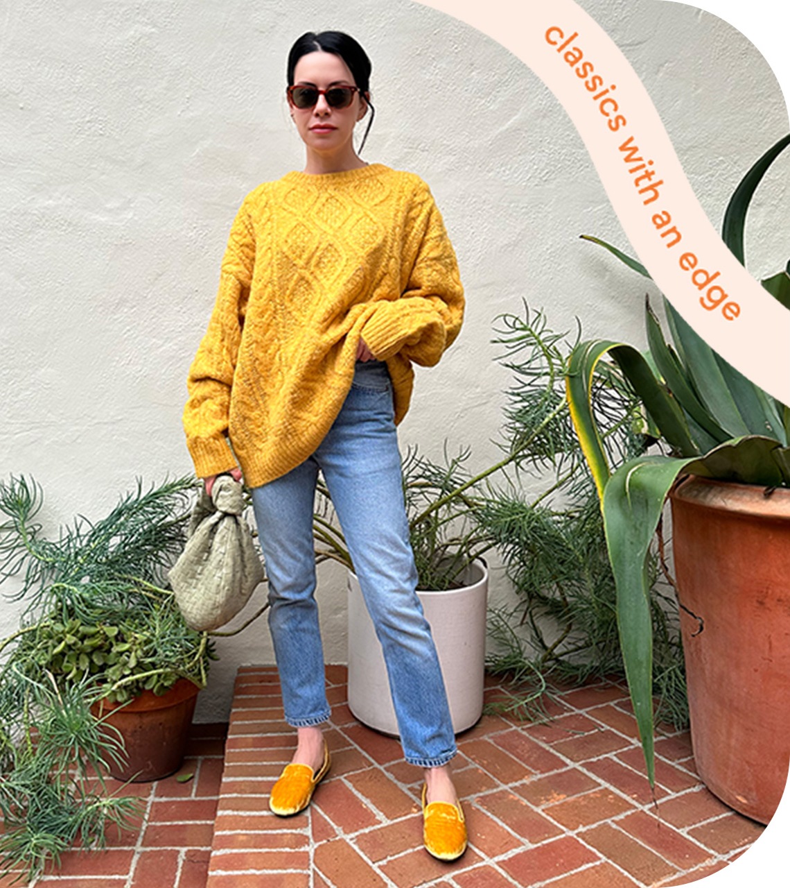 brit wearing yellow sweater and matching loafers