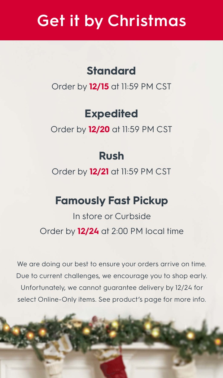 Get it by Christmas! Details for standard, expedited, and rush shipping,