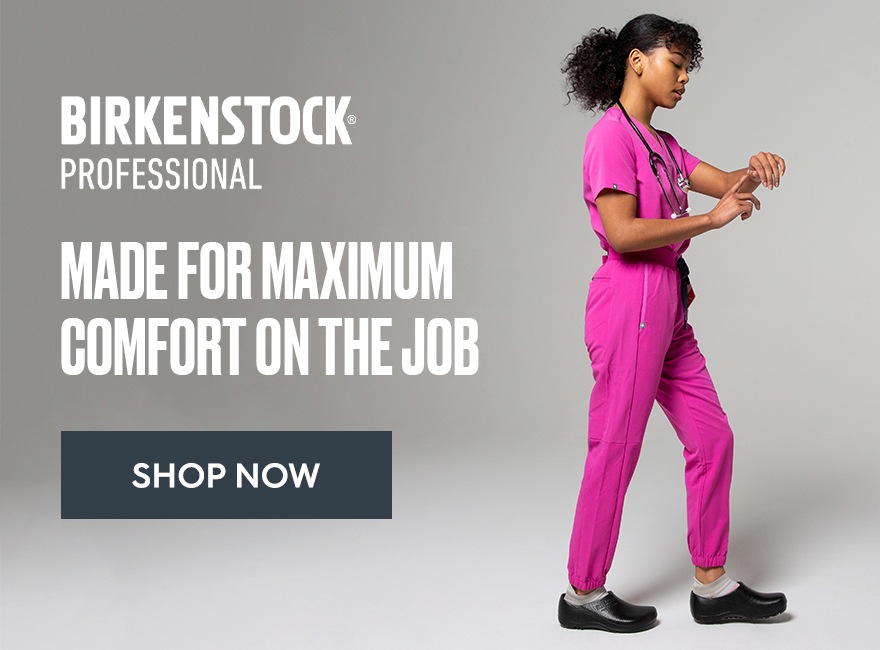 female nurse wearing birkenstock professional shoes. shop shoes made for maximum comfort on the job