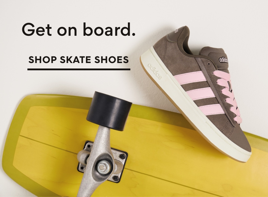 get on board. brown adidas soocer inspired sneaker on yellow skateboard. shop skate shoes
