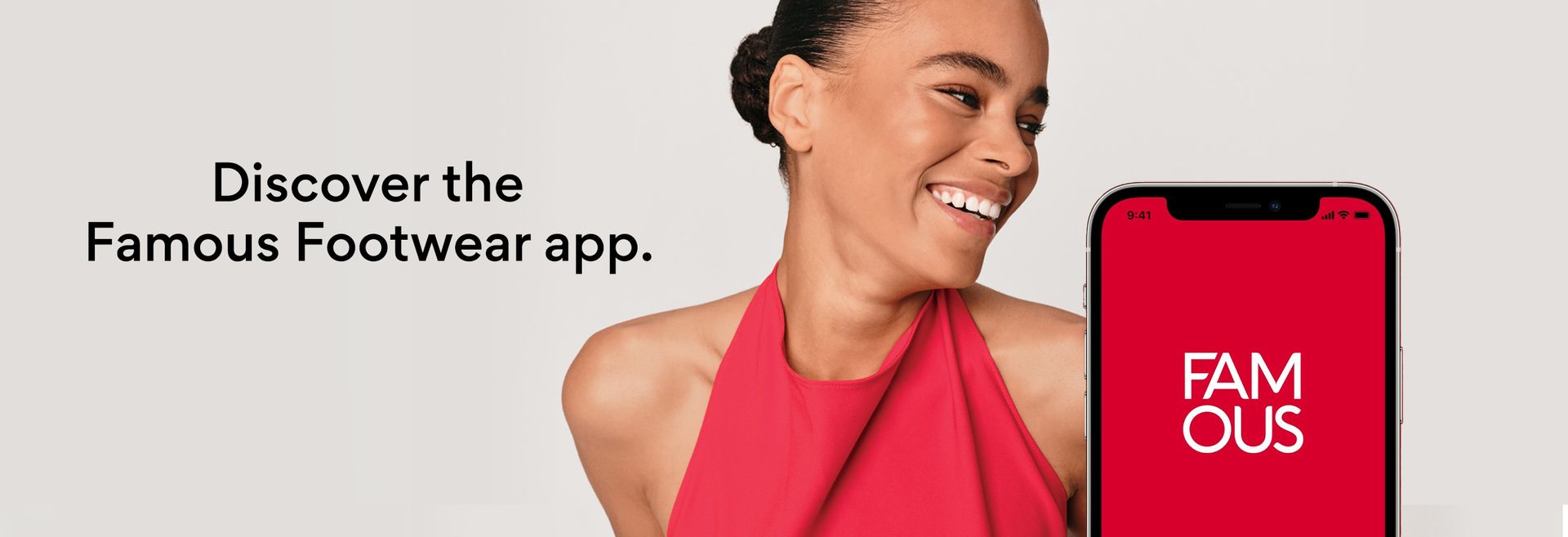 (Banner with lifestyle and red app screenshot) Discover the Famous Footwear app.