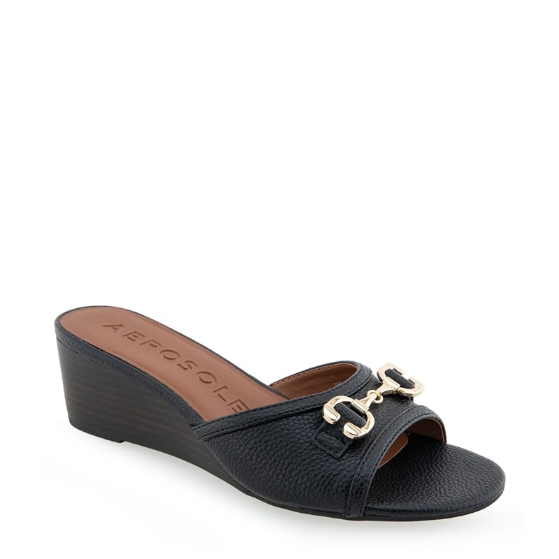 Aerosoles Women's Wava Medium/Wide Wedge Sandals (Black Pebbled Faux Leather) - Size 7.0 M