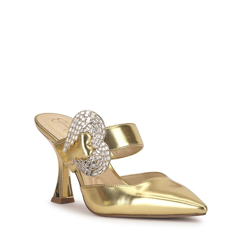 Jessica Simpson Women's Favica Embellished Buckle High Heel Mule Shoes (Gold) - Size 7.0 M